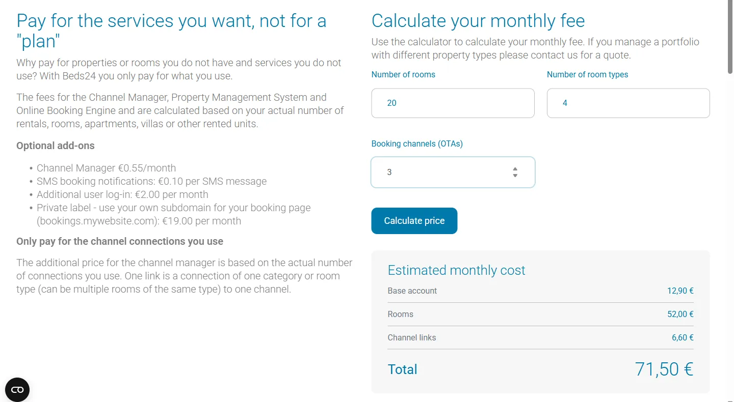Beds24 pricing calculator filled in for 20 rooms, 4 room types and 3 OTAs, with an estimated total of 71.50 euros a month